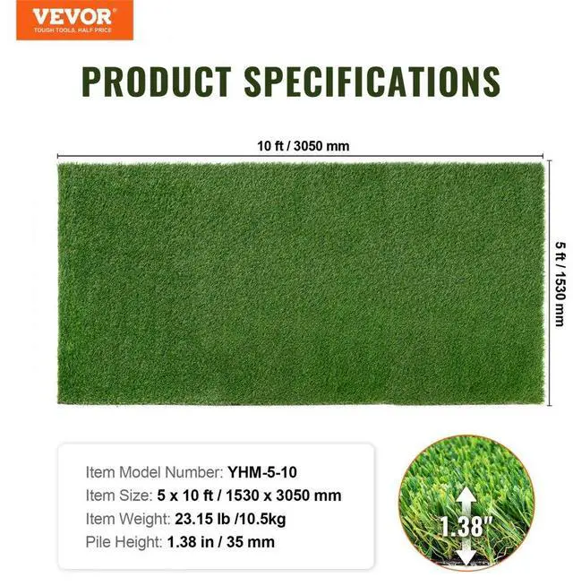 Alt view image 7 of 7 - VEVOR Artifical Grass, 5 x 10 ft Rug Green Turf, 1.38"Fake Door Mat Outdoor Patio Lawn Decoration, Easy to Clean with Drainage Holes, Perfect For Multi-Purpose Home Indoor Entryway Scraper Dog Mats