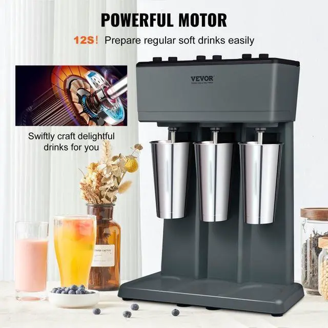 Alt view image 2 of 7 - VEVOR Milkshake Maker, 375W x 3 Electric Milkshake Machine, Triple Heads Drink Mixer Blender Machine, 3-Speed Milkshake Mixer with 3 x 820 ml Stainless Steel Cups, for Commercial and Home