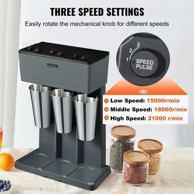 Alt view image 5 of 7 - VEVOR Milkshake Maker, 375W x 3 Electric Milkshake Machine, Triple Heads Drink Mixer Blender Machine, 3-Speed Milkshake Mixer with 3 x 820 ml Stainless Steel Cups, for Commercial and Home