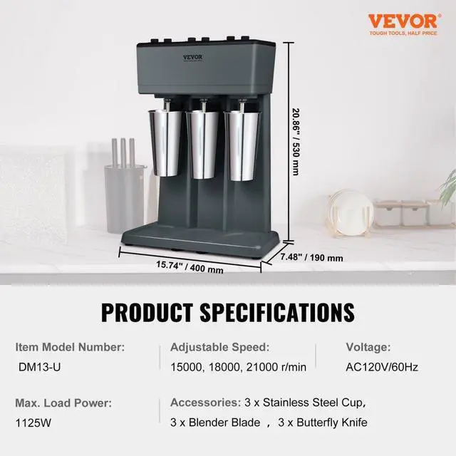 Alt view image 7 of 7 - VEVOR Milkshake Maker, 375W x 3 Electric Milkshake Machine, Triple Heads Drink Mixer Blender Machine, 3-Speed Milkshake Mixer with 3 x 820 ml Stainless Steel Cups, for Commercial and Home