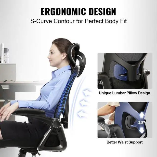 Alt view image 3 of 7 - VEVOR Office Chair with Adjustable Lumbar Support, High Back Ergonomic Desk Chair with Adjustable Headrest, Ergonomic Office Chair Backrest with 2D Armrest, Computer Chair for Home, Office