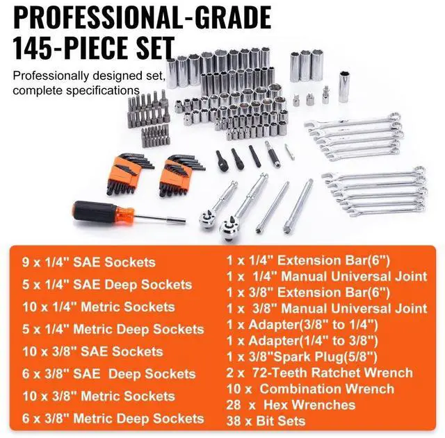 Alt view image 3 of 7 - VEVOR Mechanics Tool Set and Socket Set, 1/4" and 3/8" Drive Deep and Standard Sockets, 145 Pcs SAE and Metric Mechanic Tool Kit with Bits, Combination Wrench, Hex Wrenches, Accessories, Storage Case