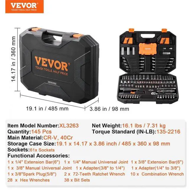 Alt view image 7 of 7 - VEVOR Mechanics Tool Set and Socket Set, 1/4" and 3/8" Drive Deep and Standard Sockets, 145 Pcs SAE and Metric Mechanic Tool Kit with Bits, Combination Wrench, Hex Wrenches, Accessories, Storage Case