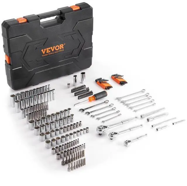 Main image of VEVOR Mechanics Tool Set and Socket Set, 1/4" 3/8" 1/2" Drive Deep and Standard Sockets, 205 Pcs SAE and Metric Mechanic Tool Kit with Bits, Combination Wrench, Hex Wrenches, Accessories, Storage Case