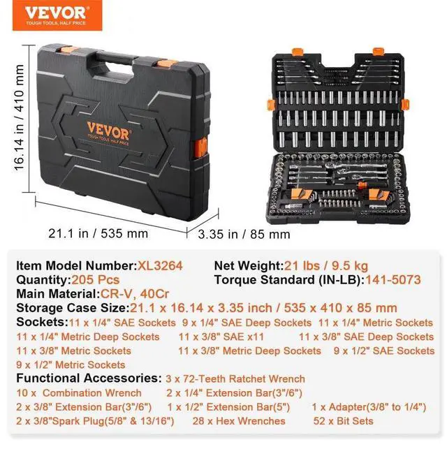 Alt view image 7 of 7 - VEVOR Mechanics Tool Set and Socket Set, 1/4" 3/8" 1/2" Drive Deep and Standard Sockets, 205 Pcs SAE and Metric Mechanic Tool Kit with Bits, Combination Wrench, Hex Wrenches, Accessories, Storage Case