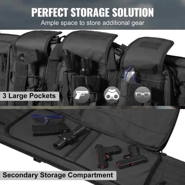 Alt view image 4 of 7 - VEVOR Tactical Range Bag, 42 inch Tactical Double Firearm Bag, Soft Outdoor Tactical Case with Lockable Zipper, Portable Handle & Shoulder Strap, 3 Large Storage Pockets Tactical Range Case, Black