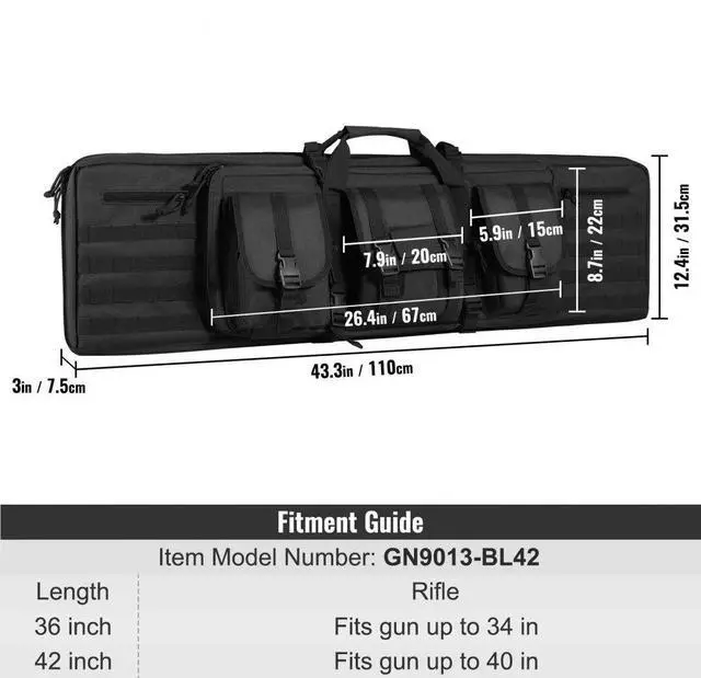 Alt view image 7 of 7 - VEVOR Tactical Range Bag, 42 inch Tactical Double Firearm Bag, Soft Outdoor Tactical Case with Lockable Zipper, Portable Handle & Shoulder Strap, 3 Large Storage Pockets Tactical Range Case, Black