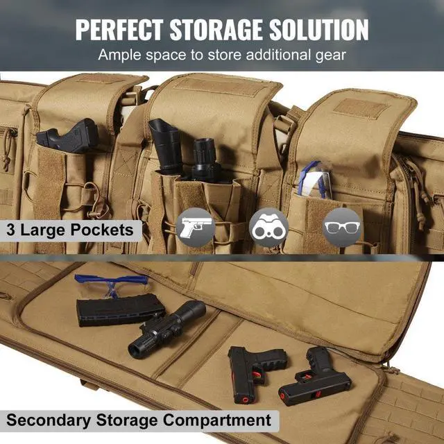 Alt view image 4 of 7 - VEVOR Tactical Range Bag, 42 inch Tactical Double Firearm Bag, Soft Outdoor Tactical Case with Lockable Zipper, Portable Handle & Shoulder Strap, 3 Large Storage Pockets Tactical Range Case, Brown