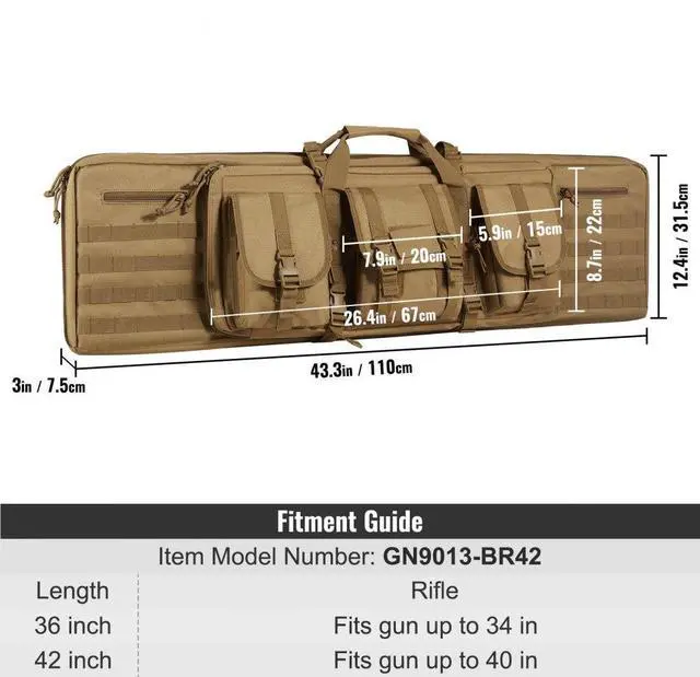 Alt view image 7 of 7 - VEVOR Tactical Range Bag, 42 inch Tactical Double Firearm Bag, Soft Outdoor Tactical Case with Lockable Zipper, Portable Handle & Shoulder Strap, 3 Large Storage Pockets Tactical Range Case, Brown