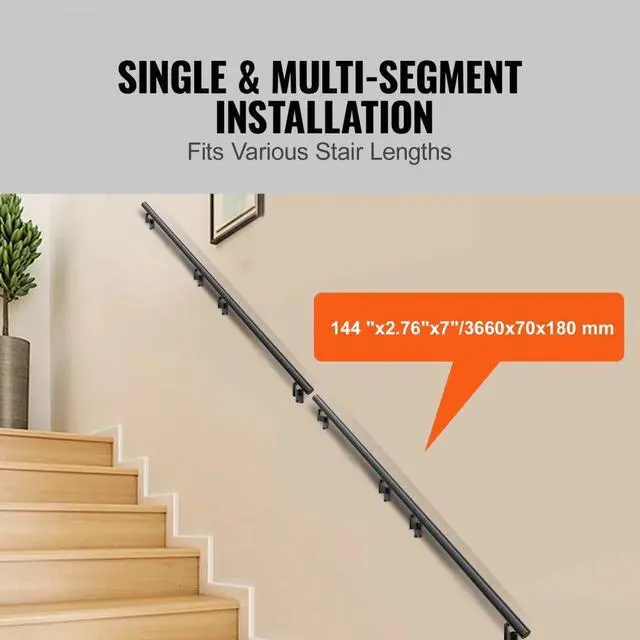 Alt view image 4 of 7 - VEVOR Handrail Stair Railing, 12 ft, Wall Mount Handrails for Indoor Stairs, Thickened Aluminum Alloy Hand Rail with Installation Kit, 440 LBS Load Capacity Stairway Railing for Outdoor Stairs