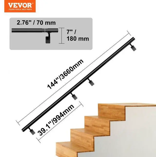 Alt view image 7 of 7 - VEVOR Handrail Stair Railing, 12 ft, Wall Mount Handrails for Indoor Stairs, Thickened Aluminum Alloy Hand Rail with Installation Kit, 440 LBS Load Capacity Stairway Railing for Outdoor Stairs