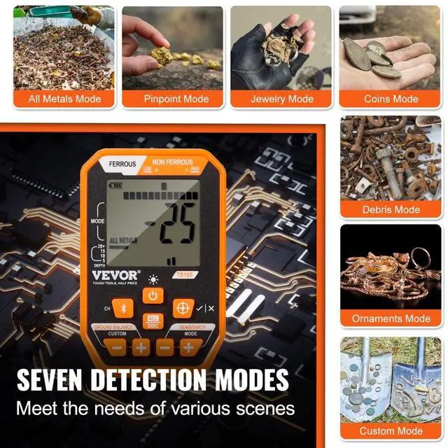 Alt view image 5 of 14 - VEVOR Waterproof Metal Detector, 12" Coil, Professional Rechargeable Gold Detector, 39-50 in Adjustable with LCD 7 Modes Advanced DSP Chip Bluetooth Headset, IP68 for Detecting Gold Treasure Hunting