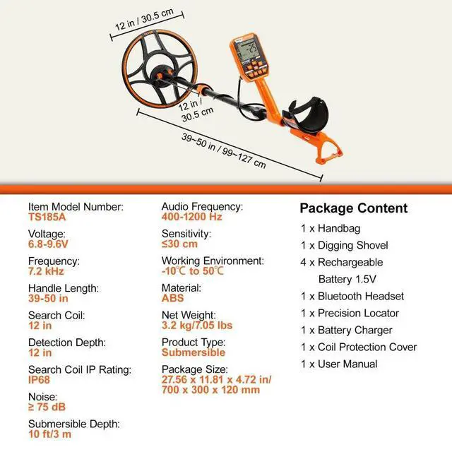 Alt view image 7 of 14 - VEVOR Waterproof Metal Detector, 12" Coil, Professional Rechargeable Gold Detector, 39-50 in Adjustable with LCD 7 Modes Advanced DSP Chip Bluetooth Headset, IP68 for Detecting Gold Treasure Hunting