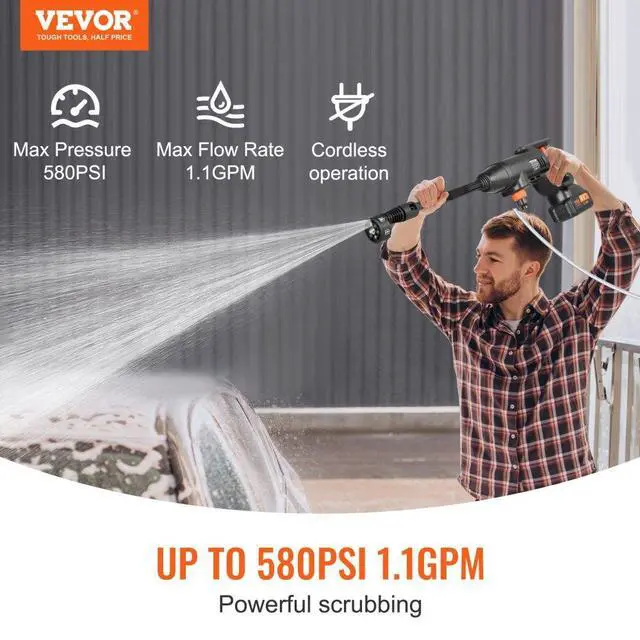 Alt view image 2 of 14 - VEVOR Cordless Pressure Washer, 580-PSI 1.1 GPM Portable Power Cleaner, Handheld High-Pressure Car Washer Gun with 4.0Ah Battery, Charger, 6-in-1 Nozzle, for Home/Floor Cleaning & Watering