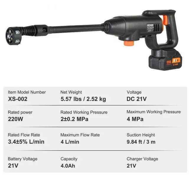 Alt view image 7 of 14 - VEVOR Cordless Pressure Washer, 580-PSI 1.1 GPM Portable Power Cleaner, Handheld High-Pressure Car Washer Gun with 4.0Ah Battery, Charger, 6-in-1 Nozzle, for Home/Floor Cleaning & Watering