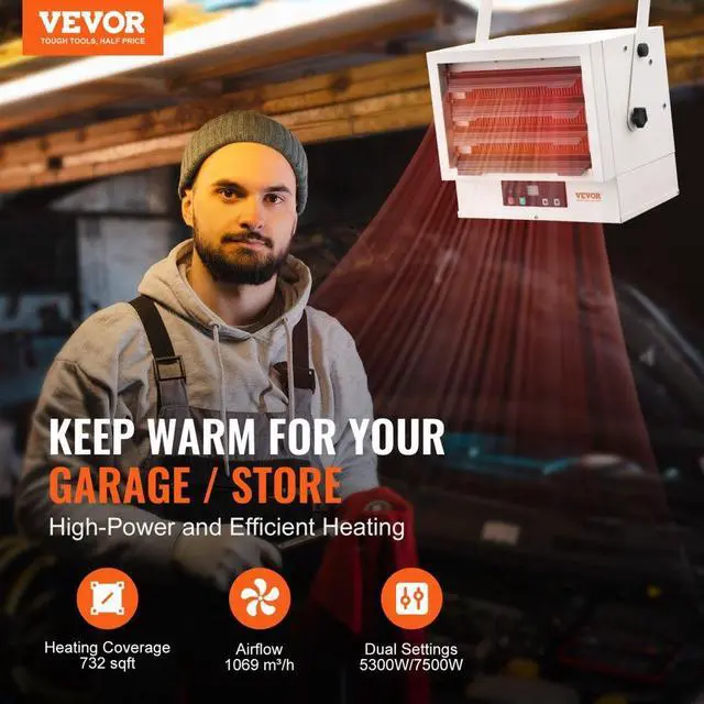 Alt view image 2 of 7 - VEVOR Electric Garage Heater, 7500-Watt Digital Fan-Forced Wall/Ceiling Mount Shop Heater, with Remote Control Overheat Protection, Hardwired Heater with 9-Hour Timer, Ideal for Workshop, ETL Listed