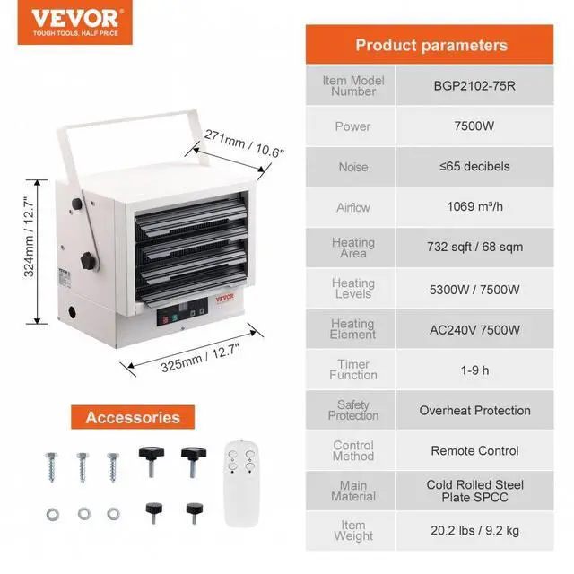 Alt view image 7 of 7 - VEVOR Electric Garage Heater, 7500-Watt Digital Fan-Forced Wall/Ceiling Mount Shop Heater, with Remote Control Overheat Protection, Hardwired Heater with 9-Hour Timer, Ideal for Workshop, ETL Listed