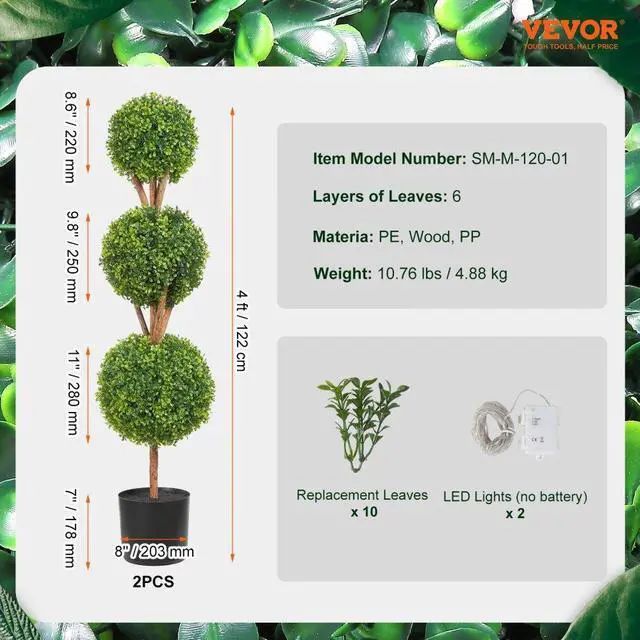 Alt view image 7 of 7 - VEVOR Artificial Topiaries Boxwood Trees, 48 inch Tall (2 Pieces), 3 Ball-Shape Faux Topiaries Plant with Planters, Green Feaux Plant w/ Replaceable Leaves & Port for Decorative Indoor/Outdoor/Garden