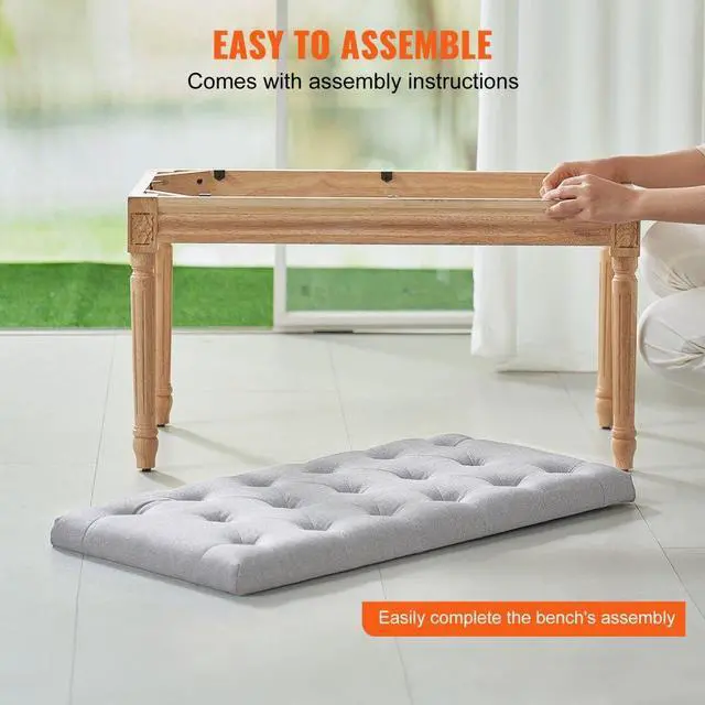 Alt view image 4 of 7 - VEVOR Upholstered Bench, 16"W Ottoman Bench, End of Bed Bench with Foam Padded Cushion and Rubberwood Legs, Tufted Footrest Stool Entryway Bench for Dining Room, Living Room, Bedroom, Hallway, Beige