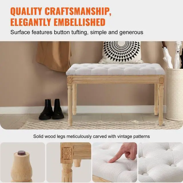 Alt view image 5 of 7 - VEVOR Upholstered Bench, 16"W Ottoman Bench, End of Bed Bench with Foam Padded Cushion and Rubberwood Legs, Tufted Footrest Stool Entryway Bench for Dining Room, Living Room, Bedroom, Hallway, Beige