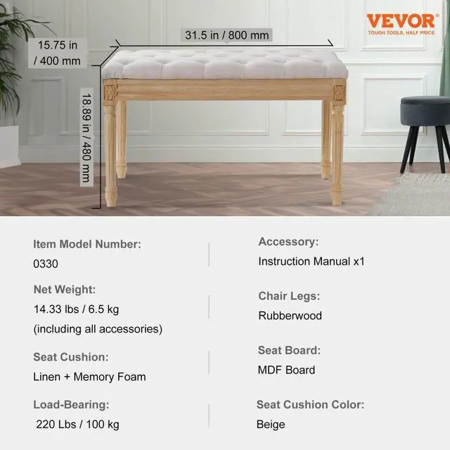 Alt view image 7 of 7 - VEVOR Upholstered Bench, 16"W Ottoman Bench, End of Bed Bench with Foam Padded Cushion and Rubberwood Legs, Tufted Footrest Stool Entryway Bench for Dining Room, Living Room, Bedroom, Hallway, Beige