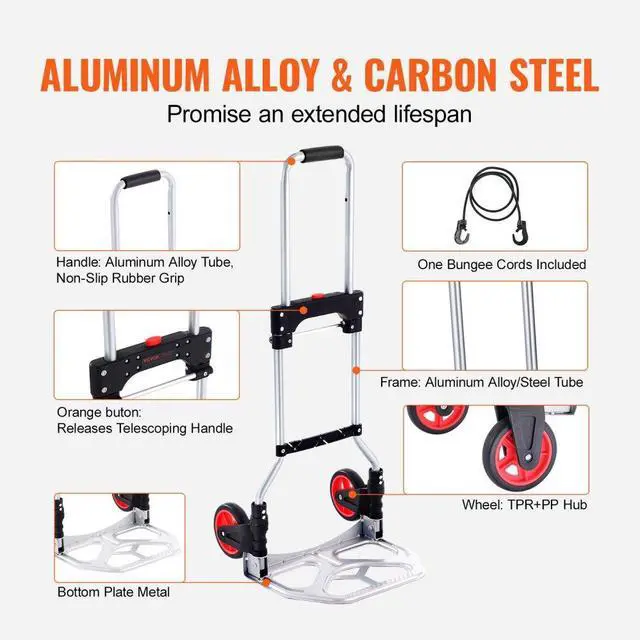 Alt view image 4 of 7 - VEVOR Folding Hand Truck and Dolly, 176 lbs Capacity, Aluminum Foldable Cart, Heavy-Duty Luggage Trolley Cart with Telescoping Handle and PP+TPR Wheels for Home, Office, Shopping, Travel