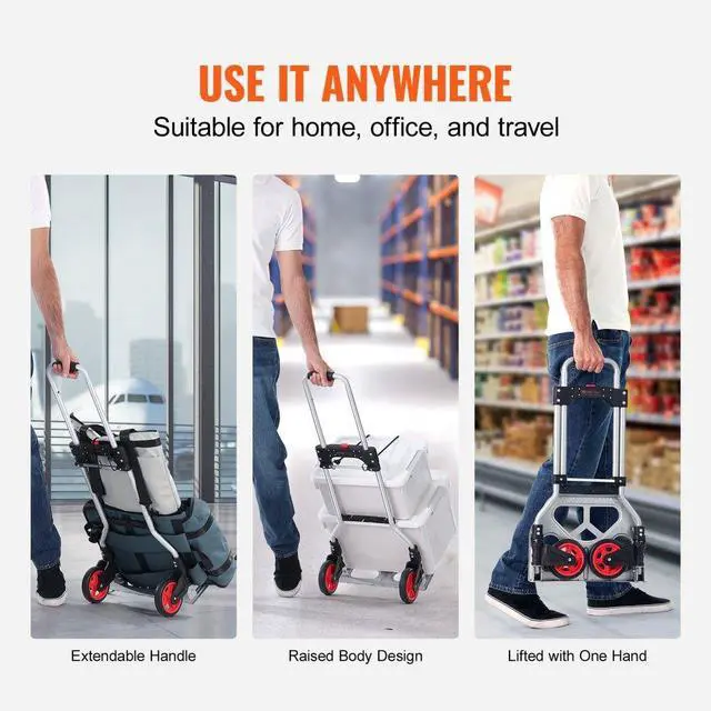 Alt view image 5 of 7 - VEVOR Folding Hand Truck and Dolly, 176 lbs Capacity, Aluminum Foldable Cart, Heavy-Duty Luggage Trolley Cart with Telescoping Handle and PP+TPR Wheels for Home, Office, Shopping, Travel