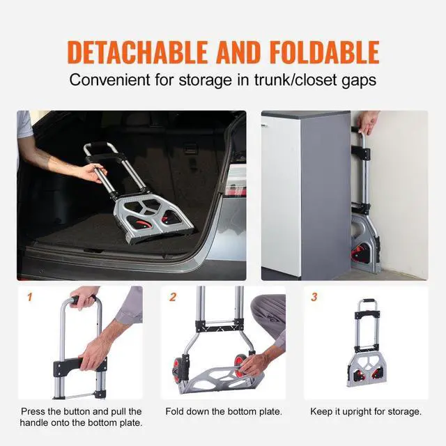 Alt view image 6 of 7 - VEVOR Folding Hand Truck and Dolly, 176 lbs Capacity, Aluminum Foldable Cart, Heavy-Duty Luggage Trolley Cart with Telescoping Handle and PP+TPR Wheels for Home, Office, Shopping, Travel