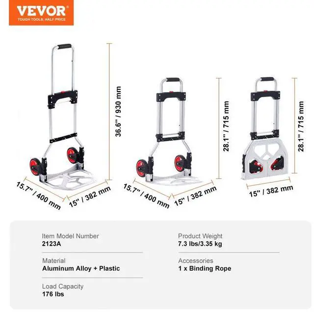 Alt view image 7 of 7 - VEVOR Folding Hand Truck and Dolly, 176 lbs Capacity, Aluminum Foldable Cart, Heavy-Duty Luggage Trolley Cart with Telescoping Handle and PP+TPR Wheels for Home, Office, Shopping, Travel