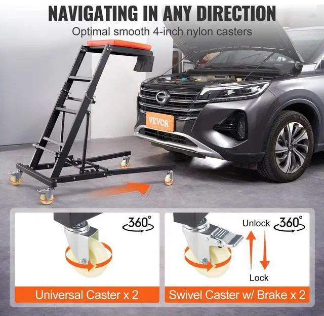 Alt view image 5 of 7 - VEVOR Automotive Top Creeper, with Adjustable Height 48" to 76", 400 LBS Capacity High Creeper, 4 Swivel Caster Wheels, Heavy Duty Foldable Creeper for Auto Repair and Maintenance