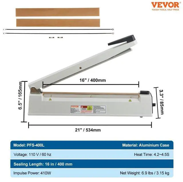 Alt view image 7 of 7 - VEVOR Impulse Sealer 16 inch, Manual Heat Sealing Machine with Adjustable Heating Mode, Aluminum Shrink Wrap Bag Sealers for Plastic Mylar PE PP Bags, Portable Poly Bag Sealer with Extra Replace Kit