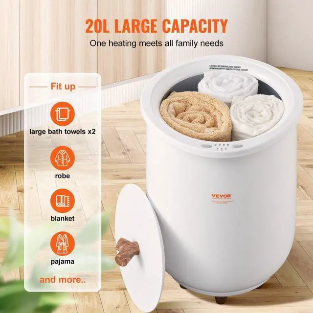 Alt view image 4 of 7 - VEVOR Towel Warmer Bucket, 20L Large Towel Warmer for Bathroom, Auto Shut Off Towel Heater with 4-Level Timer Fits up to Two 40"x70" Oversized Towels, Bathrobes, Blankets, ETL & FCC Certified