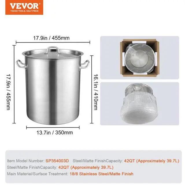 Alt view image 7 of 7 - VEVOR Stainless Steel Stockpot, 42 Quart Large Cooking Pots, Multipurpose Cookware Sauce Pot with Lid & Handle, Heavy Duty Commercial Grade Stock Pot, Sanding Treatment, for Large Groups Events Silver