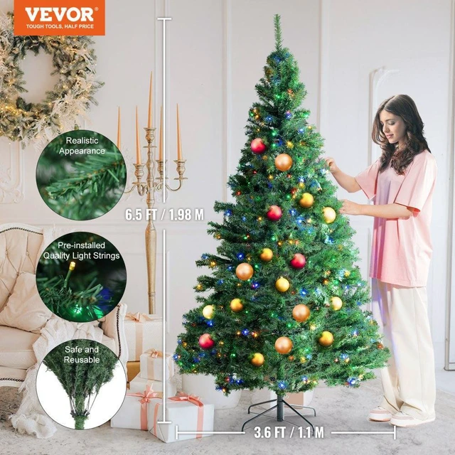 Alt view image 2 of 8 - VEVOR Christmas Tree, 6.5ft Prelit Artificial Xmas Tree, Full Holiday Decor Tree with 450 Multi-Color LED Lights, 1227 Branch Tips, Metal Base for Home Party Office Decoration