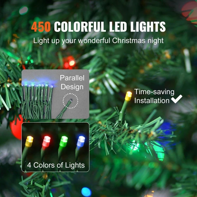 Alt view image 4 of 8 - VEVOR Christmas Tree, 6.5ft Prelit Artificial Xmas Tree, Full Holiday Decor Tree with 450 Multi-Color LED Lights, 1227 Branch Tips, Metal Base for Home Party Office Decoration