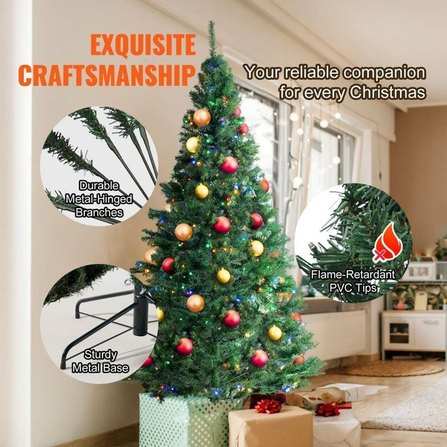 Alt view image 6 of 8 - VEVOR Christmas Tree, 6.5ft Prelit Artificial Xmas Tree, Full Holiday Decor Tree with 450 Multi-Color LED Lights, 1227 Branch Tips, Metal Base for Home Party Office Decoration