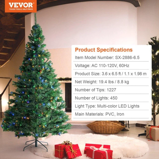 Alt view image 7 of 8 - VEVOR Christmas Tree, 6.5ft Prelit Artificial Xmas Tree, Full Holiday Decor Tree with 450 Multi-Color LED Lights, 1227 Branch Tips, Metal Base for Home Party Office Decoration