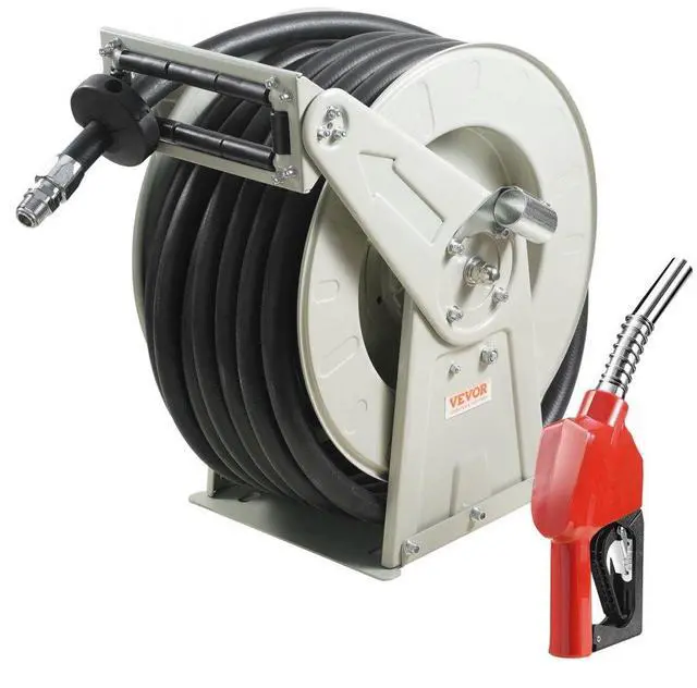 Main image of VEVOR Fuel Hose Reel, 1" x 50', Extra Long Retractable Diesel Hose Reel, Heavy-Duty Carbon Steel Construction with Automatic Fuel Nozzle, NBR Rubber Hose for Aircraft Ship Vehicle Tank Truck, 300 PSI
