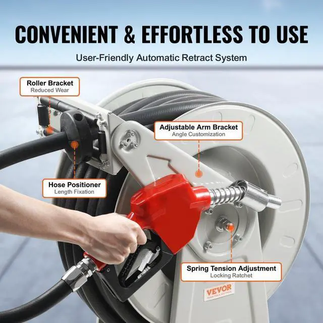 Alt view image 4 of 7 - VEVOR Fuel Hose Reel, 1" x 50', Extra Long Retractable Diesel Hose Reel, Heavy-Duty Carbon Steel Construction with Automatic Fuel Nozzle, NBR Rubber Hose for Aircraft Ship Vehicle Tank Truck, 300 PSI