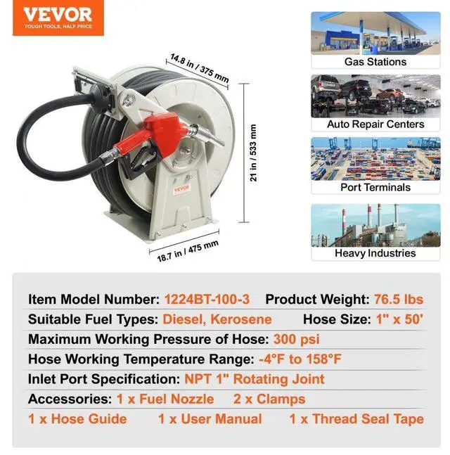 Alt view image 7 of 7 - VEVOR Fuel Hose Reel, 1" x 50', Extra Long Retractable Diesel Hose Reel, Heavy-Duty Carbon Steel Construction with Automatic Fuel Nozzle, NBR Rubber Hose for Aircraft Ship Vehicle Tank Truck, 300 PSI