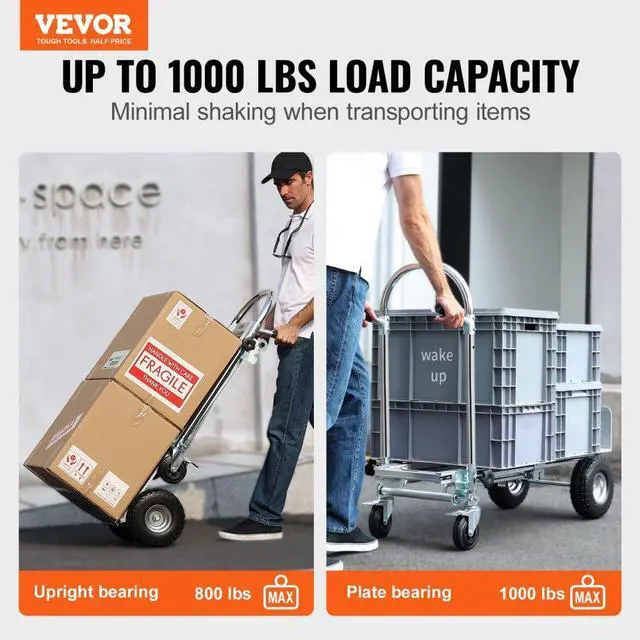 Alt view image 2 of 7 - VEVOR Aluminum Folding Hand Truck, 4 in 1 Design 1000 lbs Capacity, Heavy Duty Industrial Collapsible cart, Dolly Cart with Rubber Wheels for Transport and Moving in Warehouse, Supermarket, Garden
