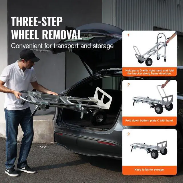 Alt view image 6 of 7 - VEVOR Aluminum Folding Hand Truck, 4 in 1 Design 1000 lbs Capacity, Heavy Duty Industrial Collapsible cart, Dolly Cart with Rubber Wheels for Transport and Moving in Warehouse, Supermarket, Garden
