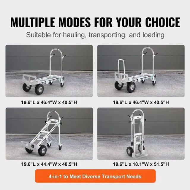 Alt view image 5 of 7 - VEVOR Aluminum Folding Hand Truck, 4 in 1 Design 1000 lbs Capacity, Heavy Duty Industrial Collapsible cart, Dolly Cart with Rubber Wheels for Transport and Moving in Warehouse, Supermarket, Garden