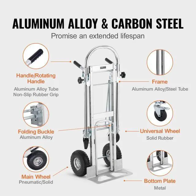 Alt view image 4 of 7 - VEVOR Aluminum Folding Hand Truck, 4 in 1 Design 1000 lbs Capacity, Heavy Duty Industrial Collapsible cart, Dolly Cart with Rubber Wheels for Transport and Moving in Warehouse, Supermarket, Garden
