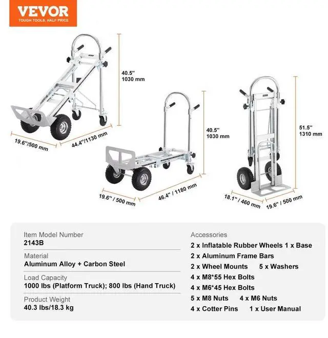 Alt view image 7 of 7 - VEVOR Aluminum Folding Hand Truck, 4 in 1 Design 1000 lbs Capacity, Heavy Duty Industrial Collapsible cart, Dolly Cart with Rubber Wheels for Transport and Moving in Warehouse, Supermarket, Garden
