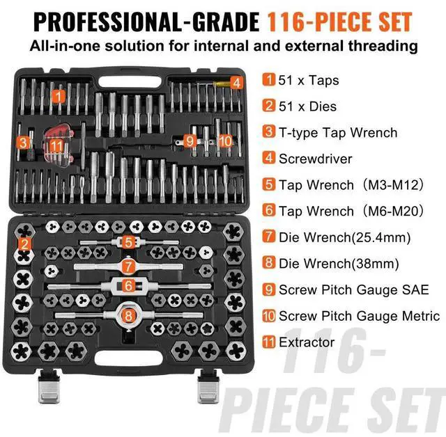 Alt view image 4 of 7 - VEVOR Tap and Die Set, 116-Piece Include Metric and SAE Size, Bearing Steel Taps and Dies, Essential Threading Tool for Cutting External Internal Threads, with Complete Accessories and Storage Case