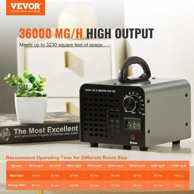 Alt view image 2 of 7 - VEVOR Ozone Generator, 36000mg/h Ozone Machine Odor Remover, High Capacity Commercial/Industrial Ozone Generator Machine, Home Air Ionizers Deodorizer with 0-120 min Time Setting for Rooms, Cars, Pets