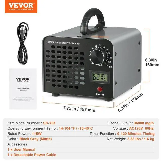 Alt view image 7 of 7 - VEVOR Ozone Generator, 36000mg/h Ozone Machine Odor Remover, High Capacity Commercial/Industrial Ozone Generator Machine, Home Air Ionizers Deodorizer with 0-120 min Time Setting for Rooms, Cars, Pets