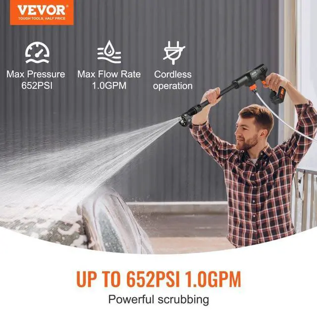 Alt view image 2 of 7 - VEVOR Cordless Pressure Washer, 652-PSI 1.0 GPM Portable Power Cleaner, Handheld High-Pressure Car Washer Gun with 4.0Ah Battery, Charger, 6-in-1 Nozzle, for Home/Floor Cleaning & Watering