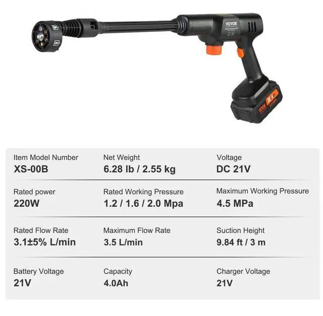 Alt view image 7 of 7 - VEVOR Cordless Pressure Washer, 652-PSI 1.0 GPM Portable Power Cleaner, Handheld High-Pressure Car Washer Gun with 4.0Ah Battery, Charger, 6-in-1 Nozzle, for Home/Floor Cleaning & Watering